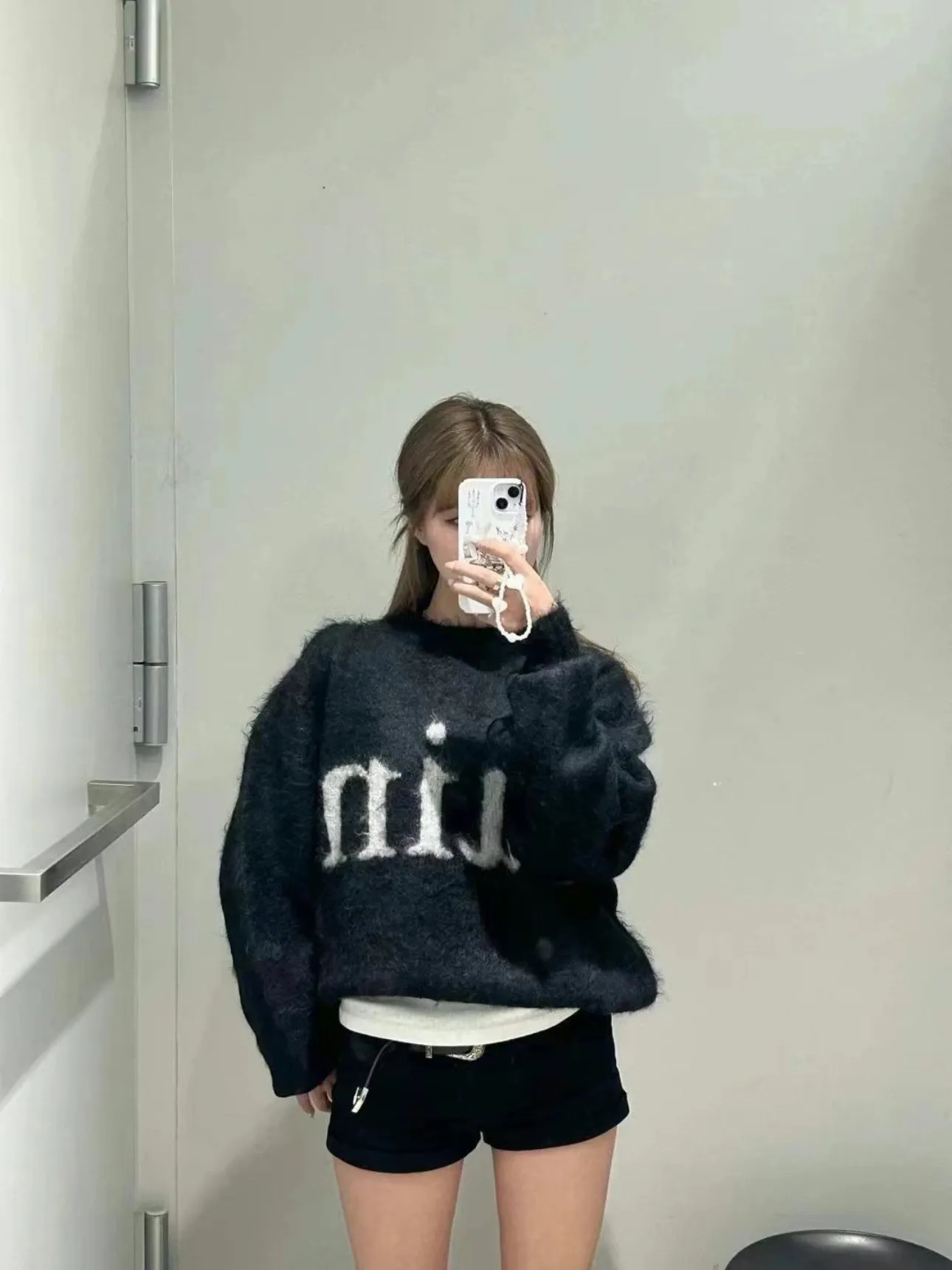 ❥4029#P226 SAINT Mxxxxxx × DENIM TERAS mohair sweater long sleeves BTS same style loose short design + fluffy version same style for men and women Color: Black Size: S M L XL
